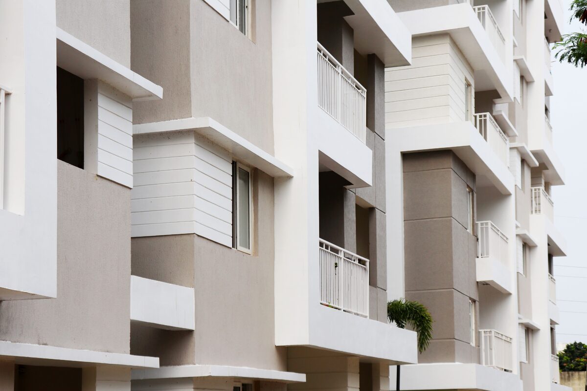 A modern apartment building exterior with balconies in Hyderabad, India.
