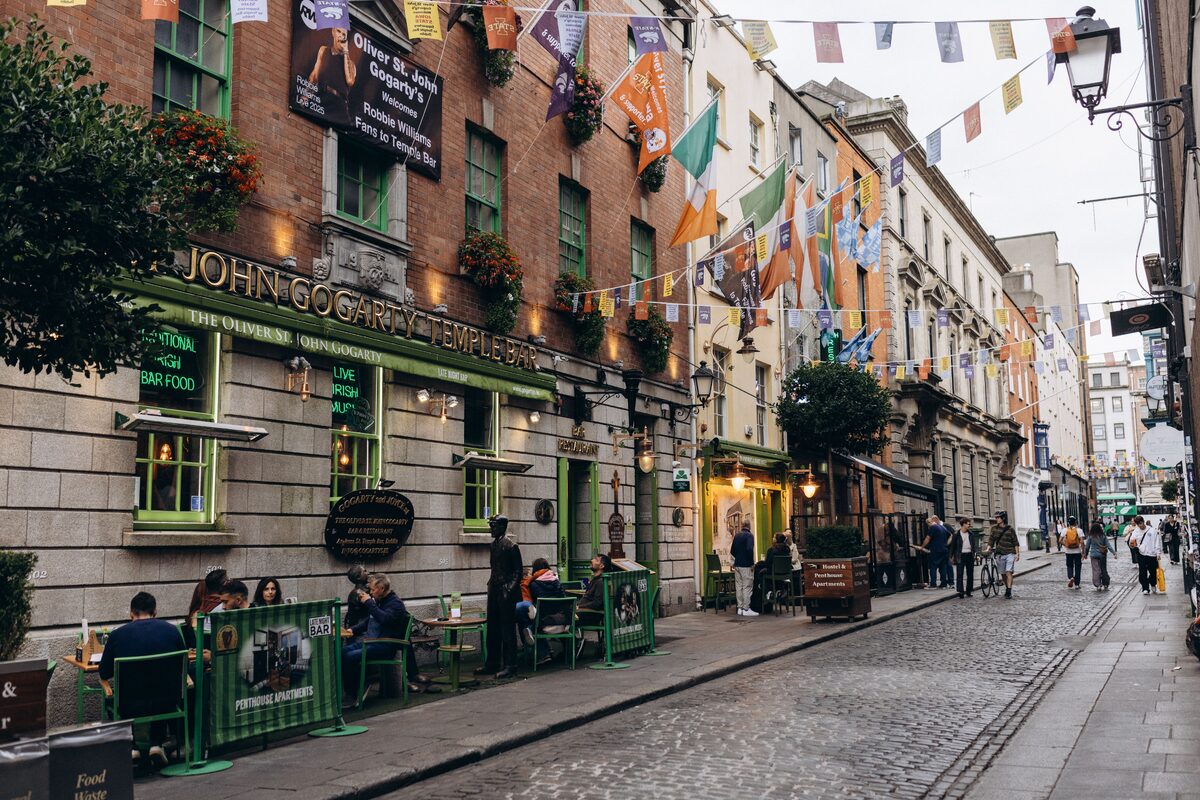 Lively street scene at Temple Bar, Dublin showcasing local culture and architecture.