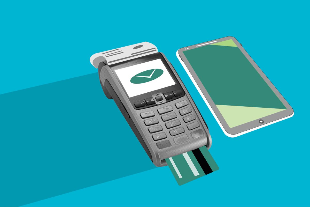 Decorative cardboard appliques of POS terminal with credit card near cellphone with app on screen during money transaction on blue background