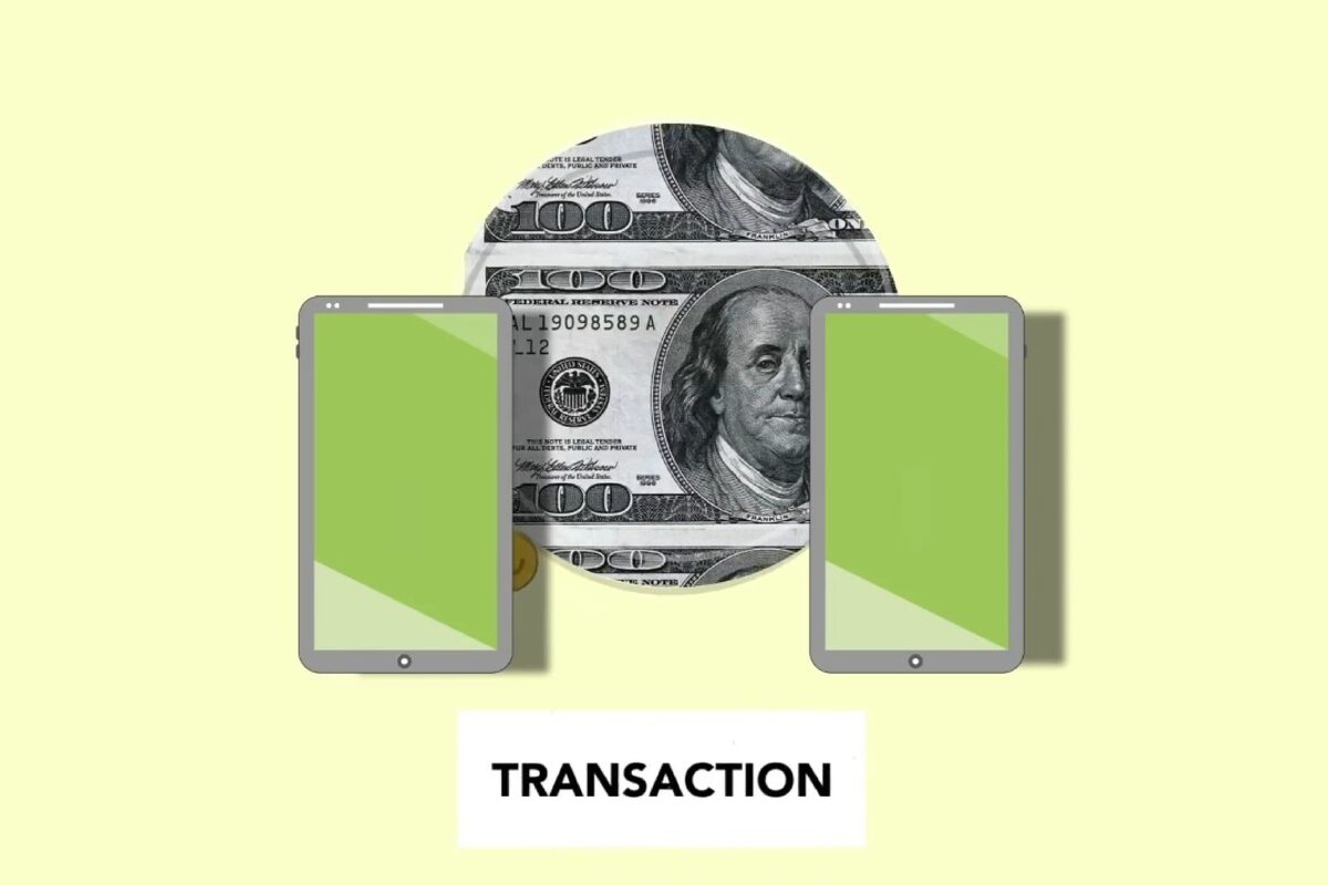 Isometric illustration of money moving between two mobile phones on a light background.